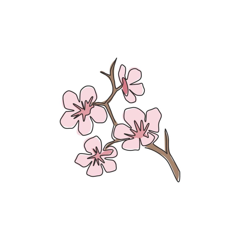One single line drawing of beauty fresh cherry blossom for home decor wall art print poster. Decorative sakura flower concept for card ornament. Trendy continuous line draw design vector illustration