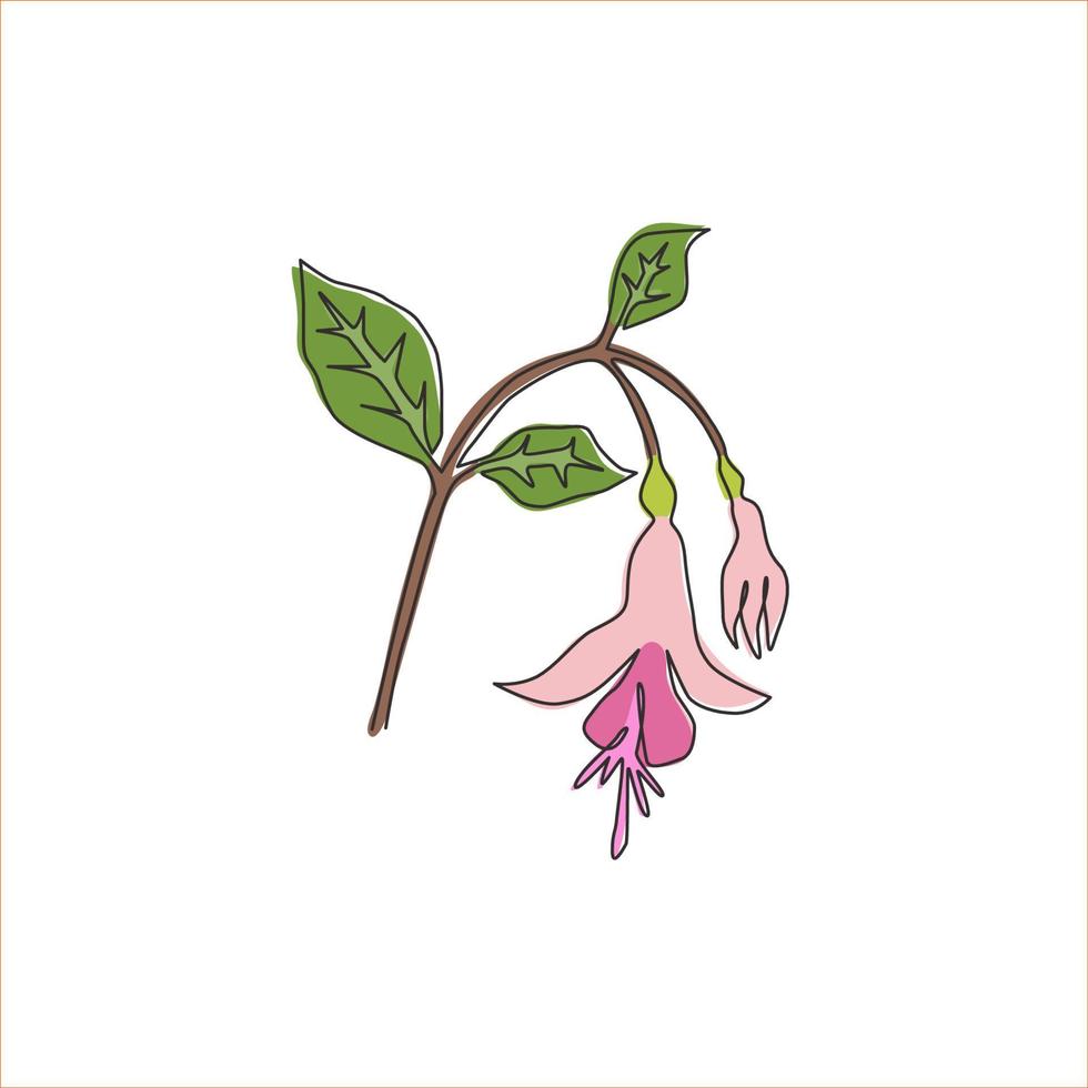 Single one line drawing beauty fresh fuchsia for garden logo. Decorative of shrubs flowering plant concept for home decor wall art poster print. Modern continuous line draw design vector illustration