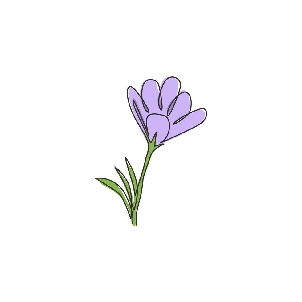 One continuous line drawing of beauty fresh croci for home wall decor art poster print. Printable decorative crocus flower for invitation card. Modern single line draw design vector illustration