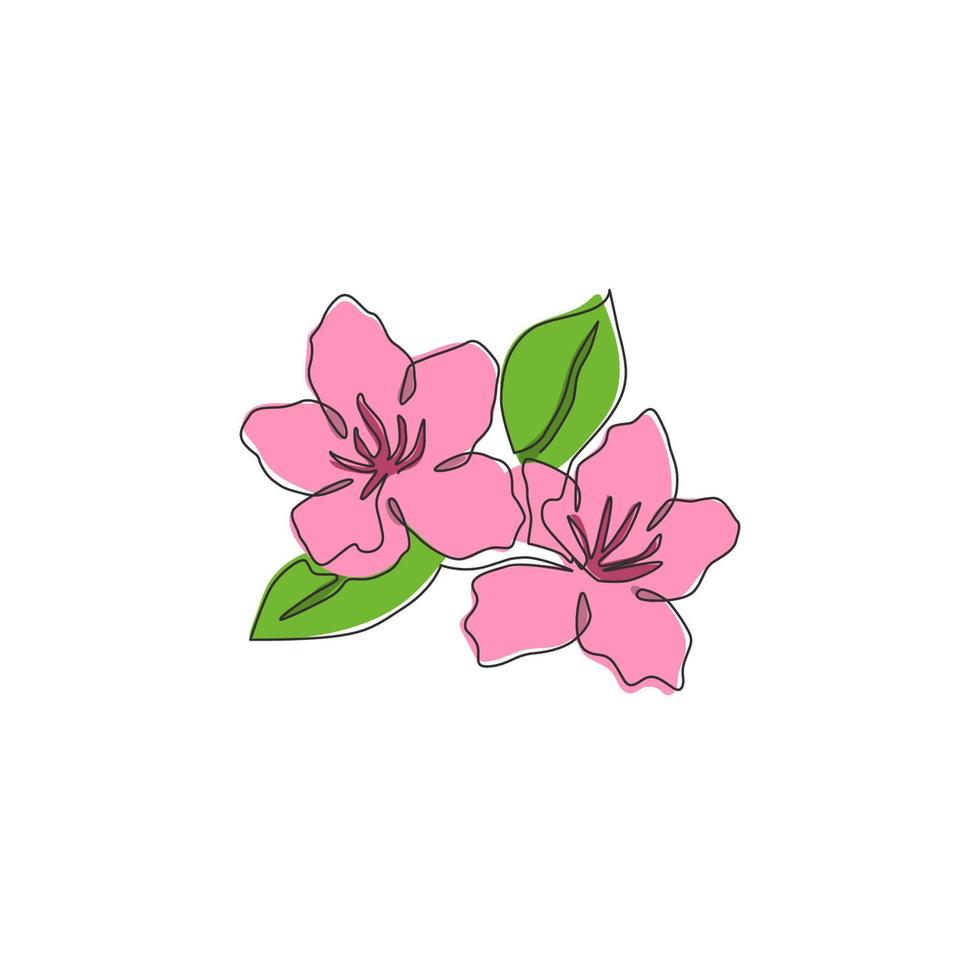 One continuous line drawing of beauty fresh azalea for home decor wall art poster print. Decorative rhododendron flower concept for wedding invitation card. Single line draw design vector illustration