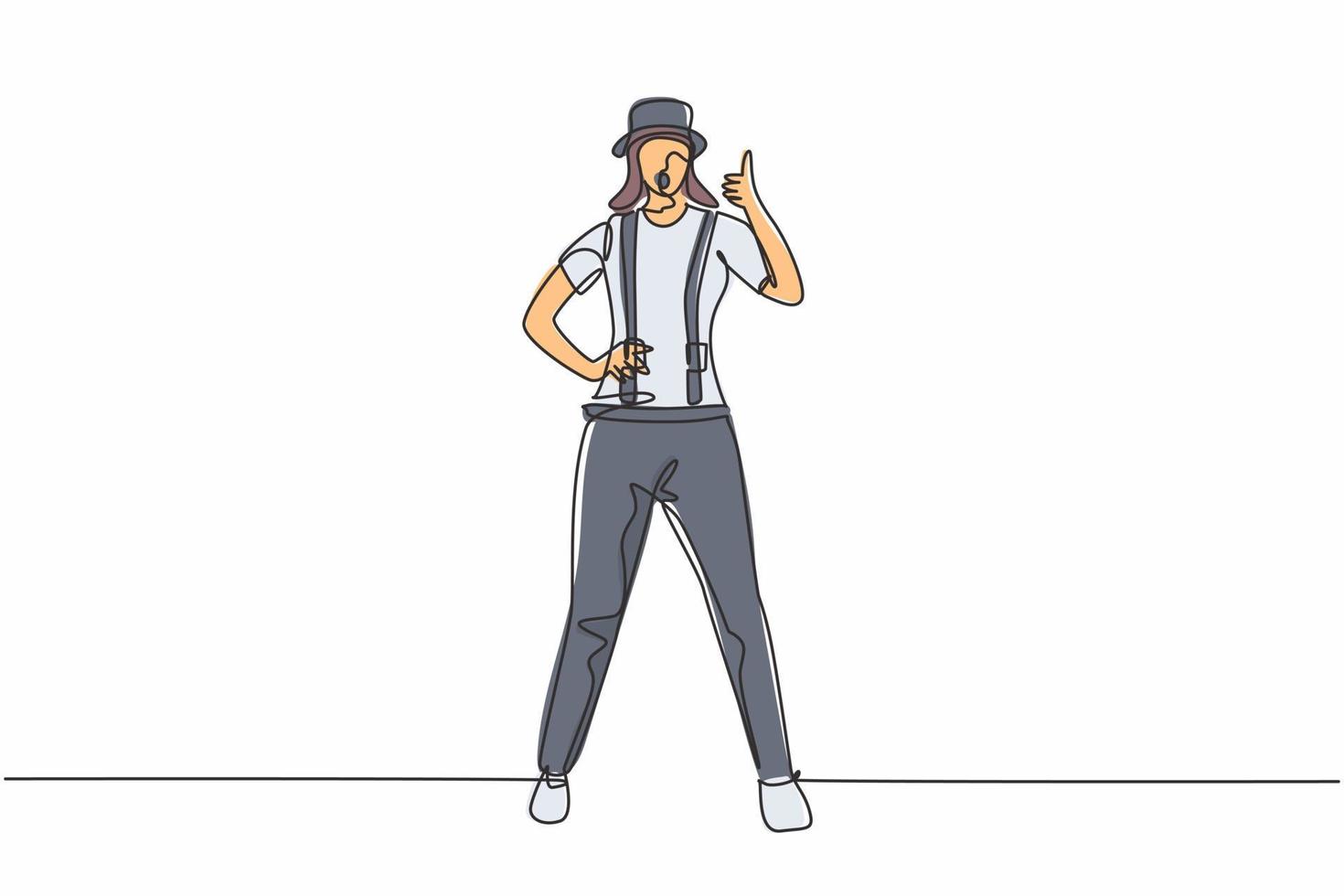 Continuous one line drawing female mime artist stands with a thumbs-up gesture and white face make-up makes audience laugh with silent comedy. Single line draw design vector graphic illustration