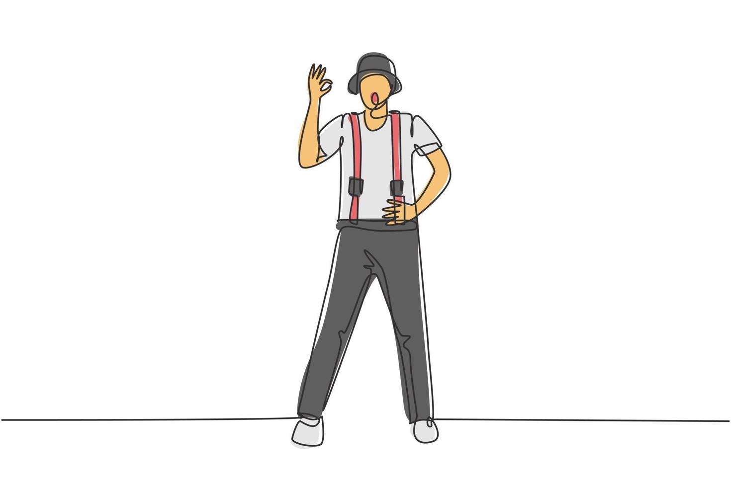 Single continuous line drawing mime artist stands with gesture okay and white face make-up makes audience laugh with silent comedy. Great show. Dynamic one line draw graphic design vector illustration