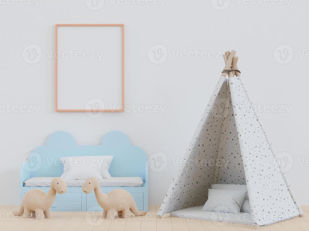 3D mockup photo frame in chidren room rendering