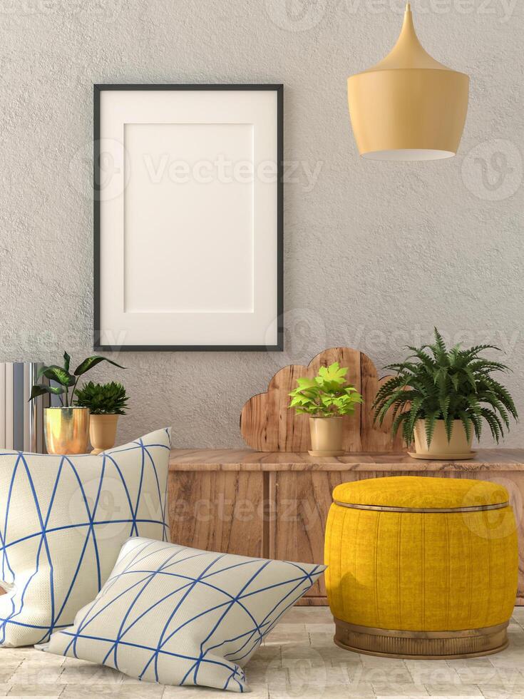 3D illustration mockup blank photo frame in living room rendering