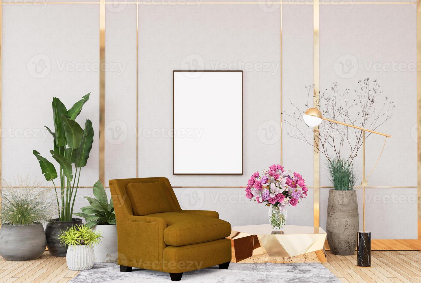 3D illustration Mockup blank photo frame in living room rendering