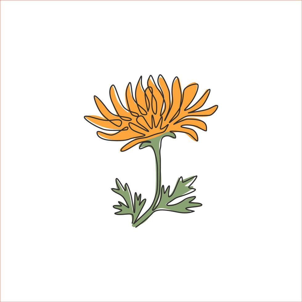 One continuous line drawing beauty fresh chrysanthemum for garden logo. Printable decorative mum flower concept for home decor wall art poster print. Modern single line draw design vector illustration