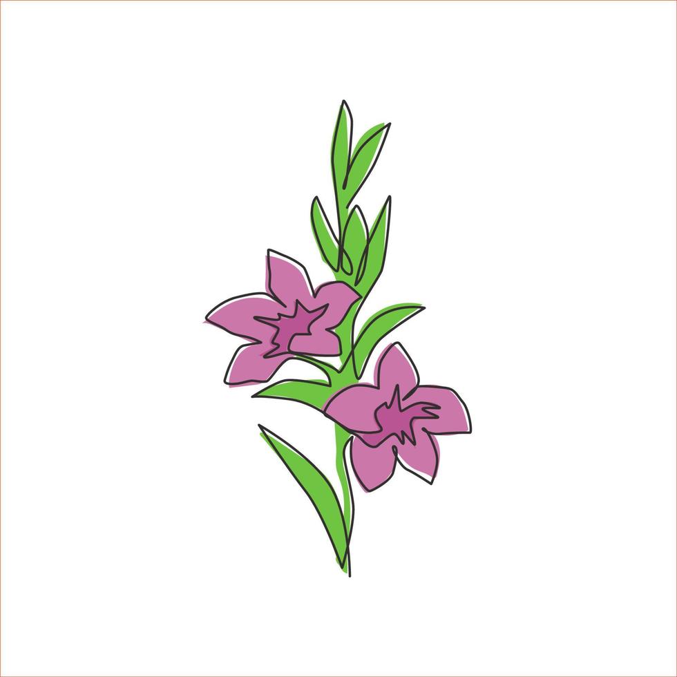 un dibujo de línea continua de la belleza de la orquídea fresca para el logotipo del jardín. cartel decorativo imprimible concepto de flor de orquídea para el arte de decoración de la pared del hogar. Ilustración de vector de diseño de dibujo de línea única moderna