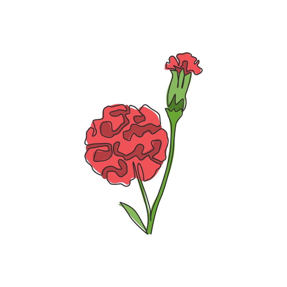 Single continuous line drawing of beauty fresh carnation for garden logo. Printable decorative dianthus flower concept for home poster wall art decor. Modern one line draw design vector illustration