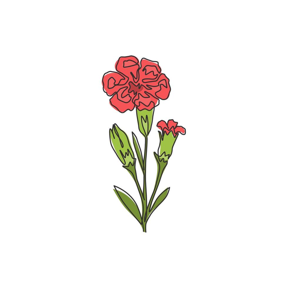 One continuous line drawing of beauty fresh carnation for garden logo. Printable decorative dianthus flower concept for home decor wall art poster. Trendy single line draw design vector illustration