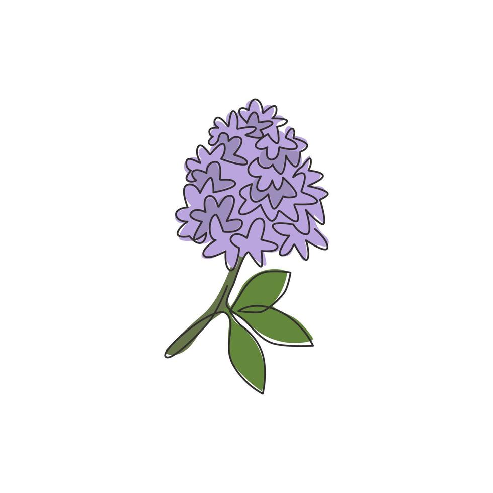 Single one line drawing beauty fresh syringavulgaris for home decor wall art poster print. Printable decorative lilac flower for invitation card. Modern continuous line draw design vector illustration