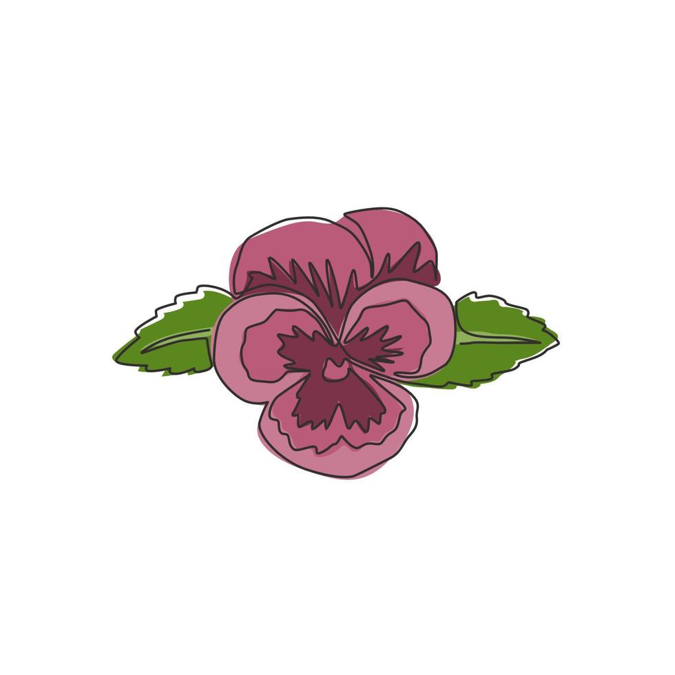 Un dibujo de línea continua Beauty Fresh Viola Hybrid para el logotipo de jardín. Flor de pensamiento decorativa imprimible para decoración de pared de arte para el hogar Impresión de póster de arte. Ilustración de vector de diseño de dibujo de línea única moderna