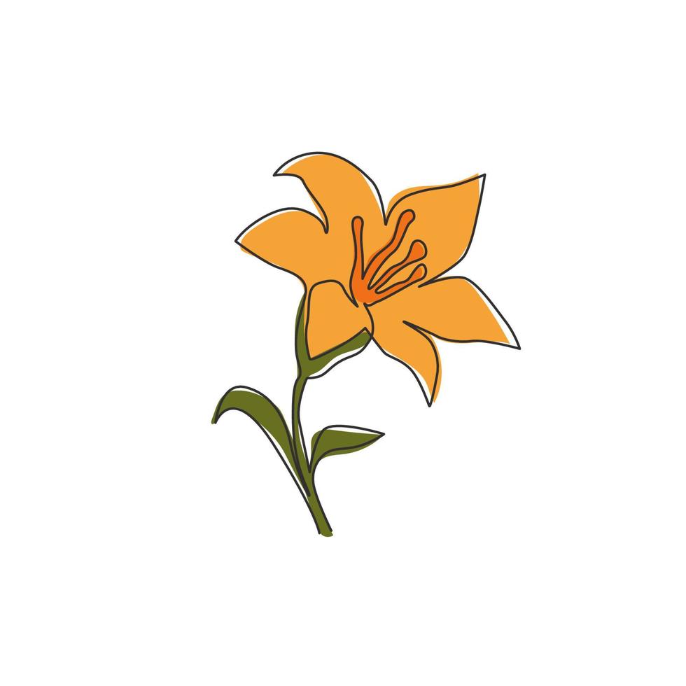 Single continuous line drawing of beauty fresh lilium for home wall decor poster. Printable decorative true lilies flower for greeting card ornament. Modern one line draw design vector illustration