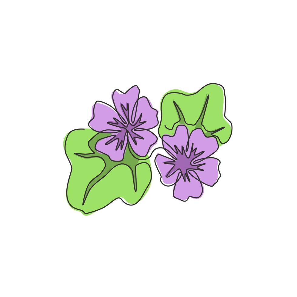 Un dibujo de línea continua Beauty Fresh Purple Mallow para decoración del hogar, póster, arte de pared. flor decorativa de malva sylvestris para tarjeta de invitación de boda. Ilustración de vector de diseño de dibujo de una sola línea moderna