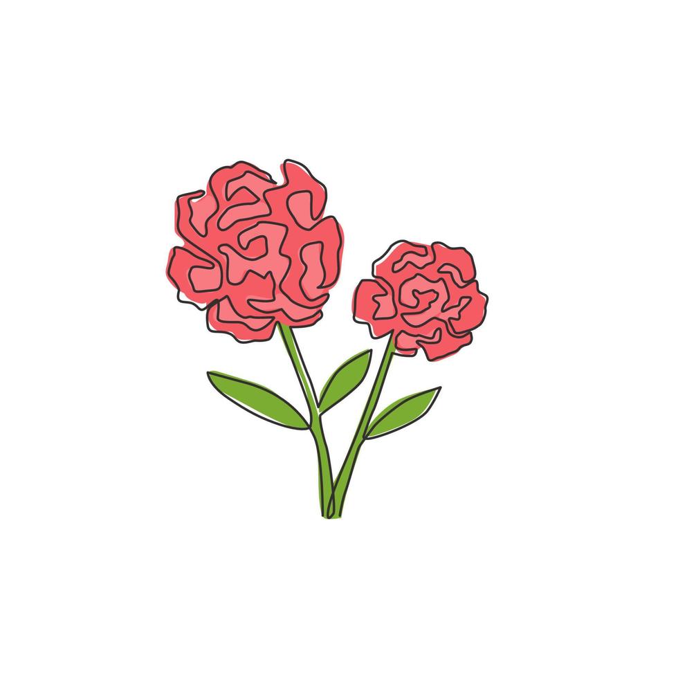 Un dibujo de línea continua de clavel fresco de belleza para el arte de la pared del cartel de decoración del hogar. flor de clavel perennes decorativos imprimibles para el icono del parque. Ilustración de vector de diseño de dibujo de línea única moderna