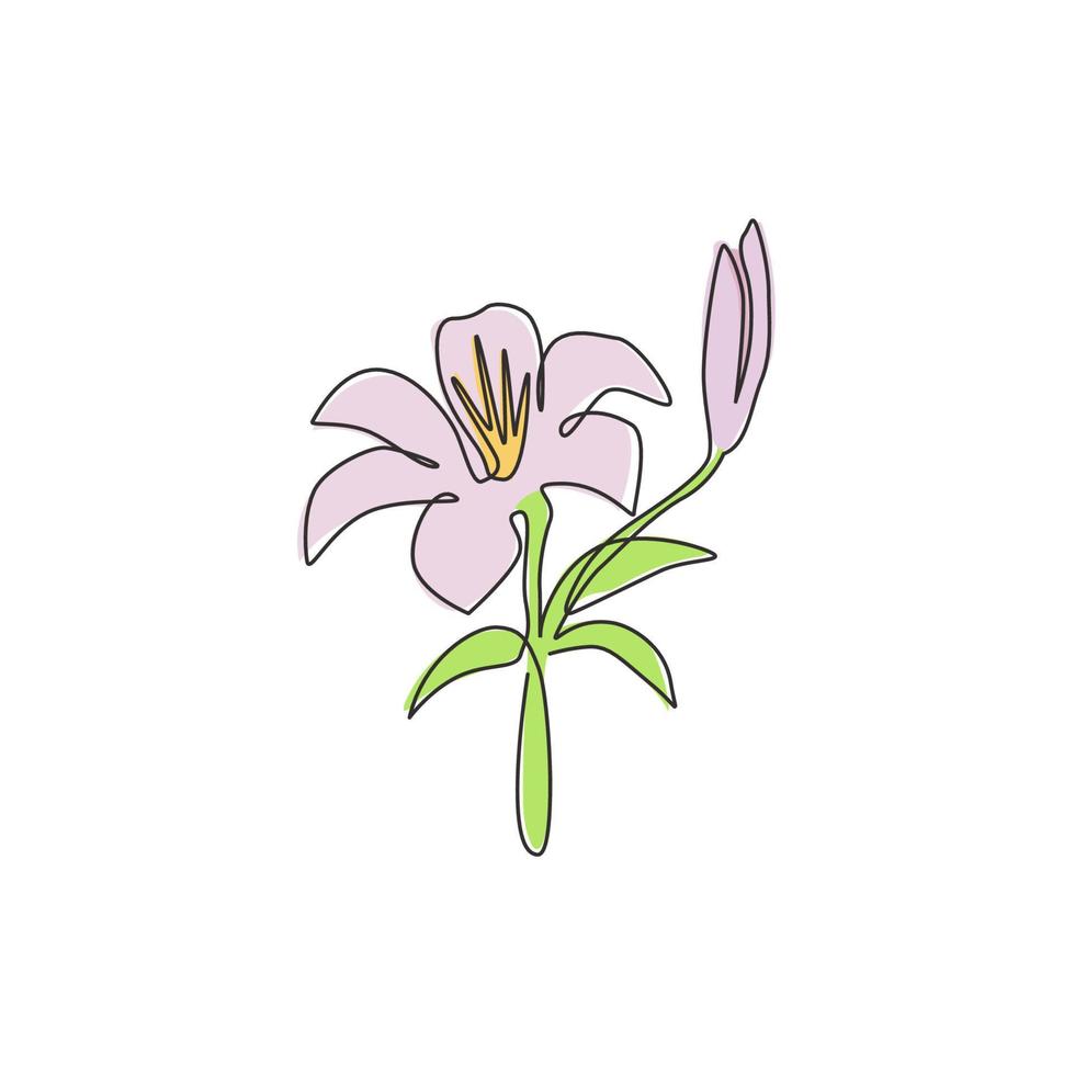 Un dibujo de una sola línea de beauty fresh lilium para póster de decoración de la pared del hogar. Flor de lirios verdaderos decorativos imprimibles para tarjetas de invitación de boda. Ilustración de vector de diseño de dibujo de línea continua moderna