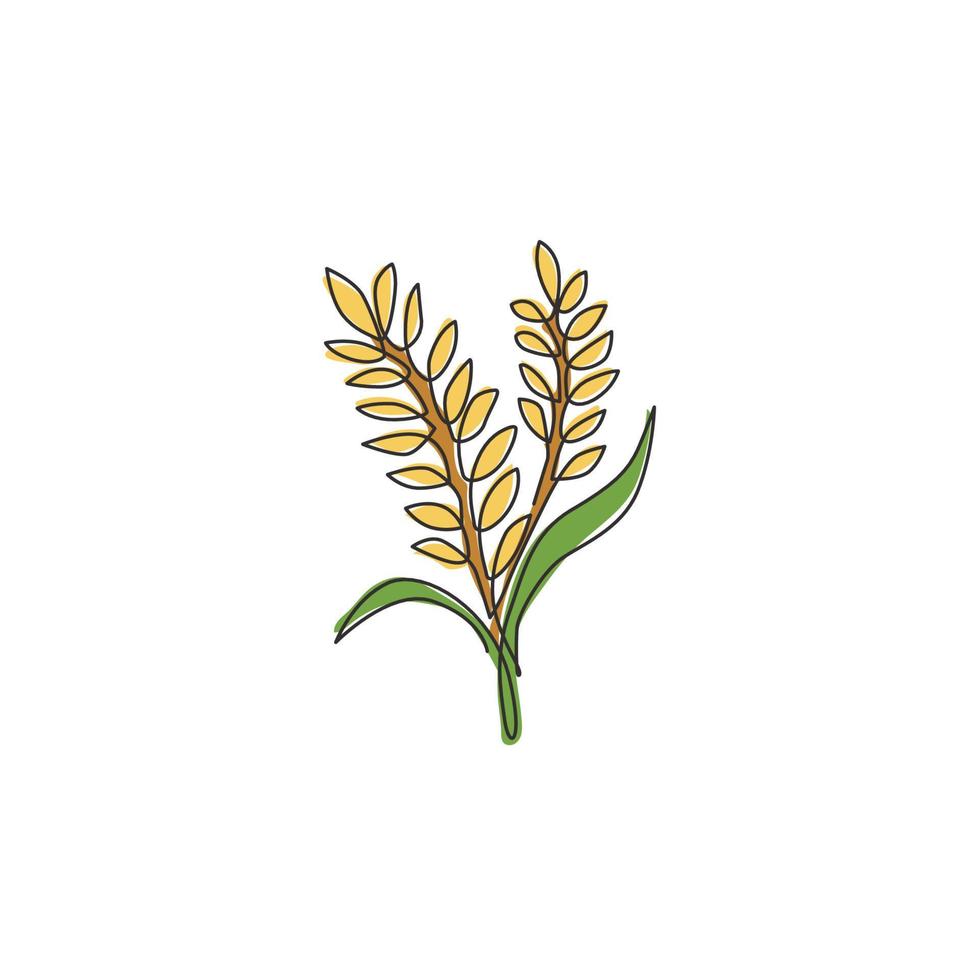 One continuous line drawing of whole healthy organic wheat grain for farm logo identity. Fresh staple food concept for breakfast cereal icon. Modern single line draw design graphic vector illustration