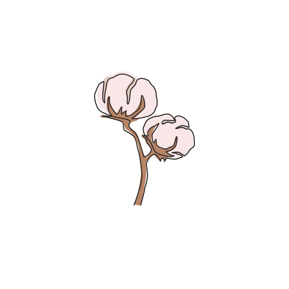 Single continuous line drawing of whole soft and fluffy cotton flower for farming logo identity. Staple fiber flower concept for garden icon. Modern one line draw design graphic vector illustration
