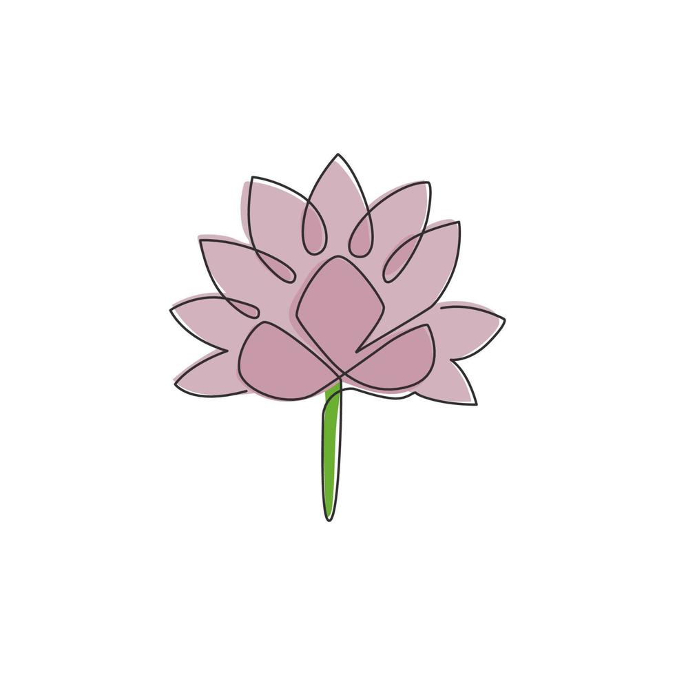 One continuous line drawing of beauty fresh lotus for spa business logo. Printable poster decorative garden water lily flower concept for wall home decor. Single line draw design vector illustration