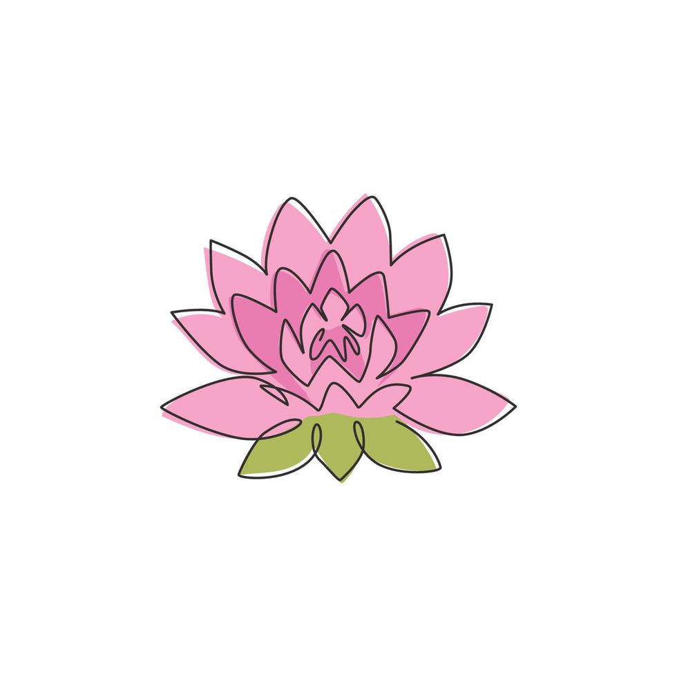 One single line drawing of beauty fresh lotus for spa business logo. Decorative water lily flower concept for home wall decor poster. Modern continuous line draw graphic design vector illustration