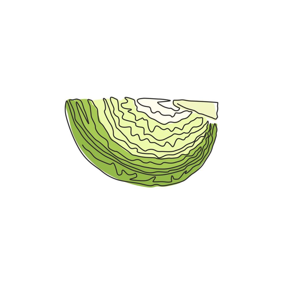 un dibujo de una sola línea corta en rodajas repollo orgánico saludable para la identidad del logotipo de la granja. icono vegetal del concepto de planta bienal fresca. Ilustración de vector gráfico de diseño de dibujo de línea continua moderna