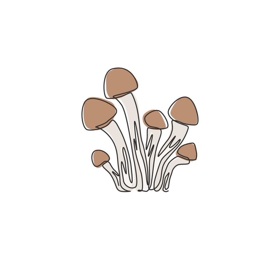 Single continuous line drawing of whole healthy organic mushrooms for farm logo identity. Fresh toadstool concept for vegetable icon. Modern one line draw design vector graphic illustration