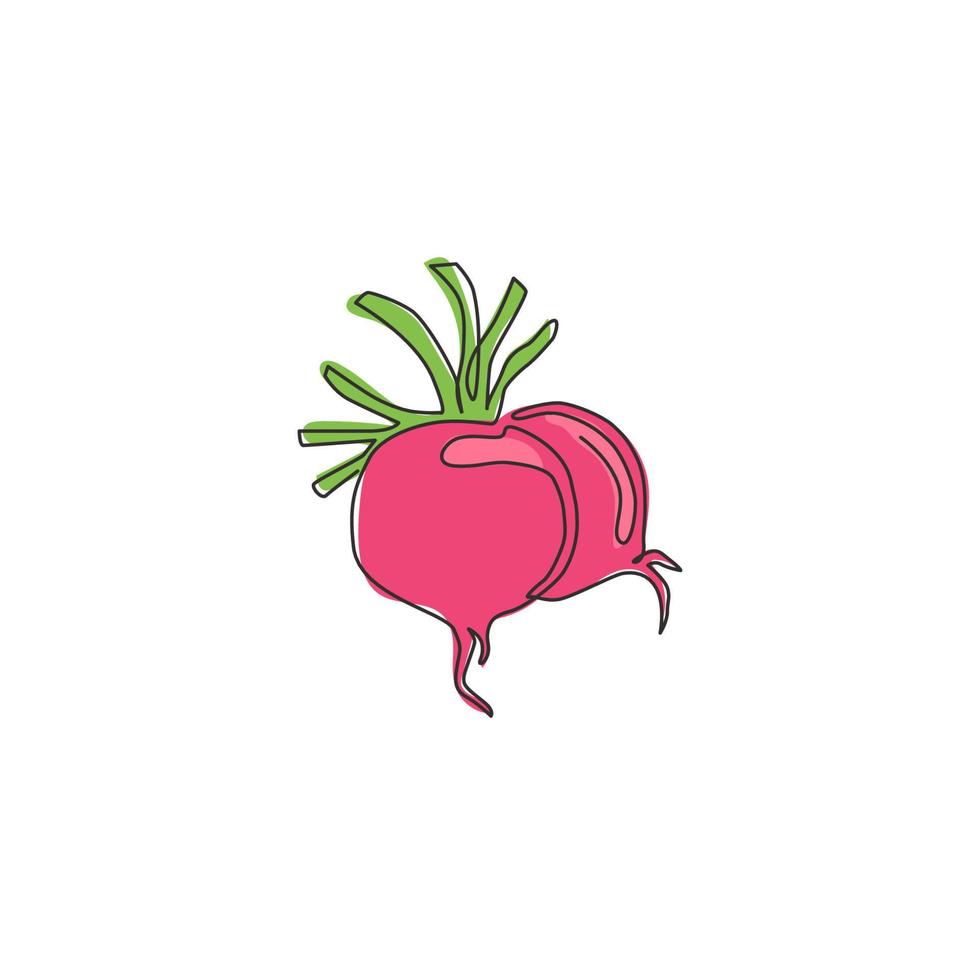 One continuous line drawing of whole healthy organic red radish for plantation logo identity. Fresh veggie concept for edible root vegetable icon. Modern single line draw design vector illustration