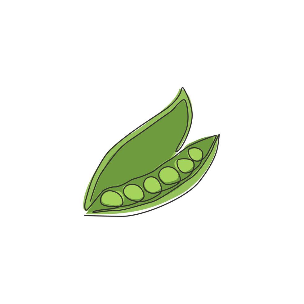 One single line drawing whole healthy organic green pea for farm logo identity. Fresh  small spherical seed concept for vegetable icon. Modern continuous line draw design graphic vector illustration