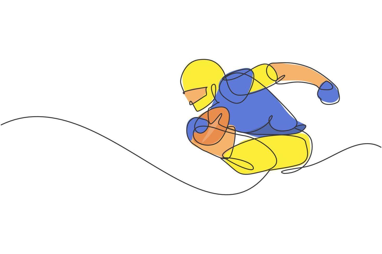 un dibujo de una sola línea de un joven enérgico jugador de fútbol americano corre y sostiene el balón para la promoción de la liga. concepto de competición deportiva. ilustración de vector de diseño de dibujo de línea continua moderna