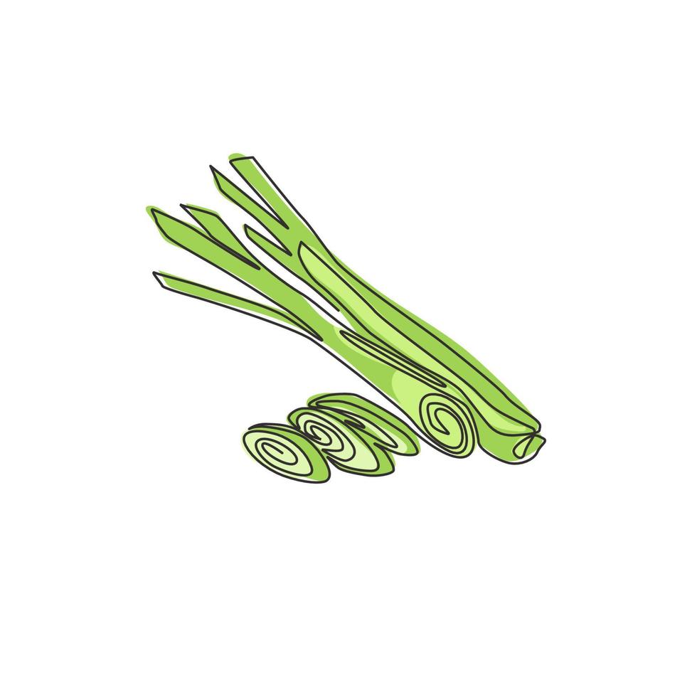 One continuous line drawing of whole and sliced healthy organic lemongrass for farm logo identity. Fresh cymbopogon concept for grass vegetable icon. Modern single line draw design vector illustration