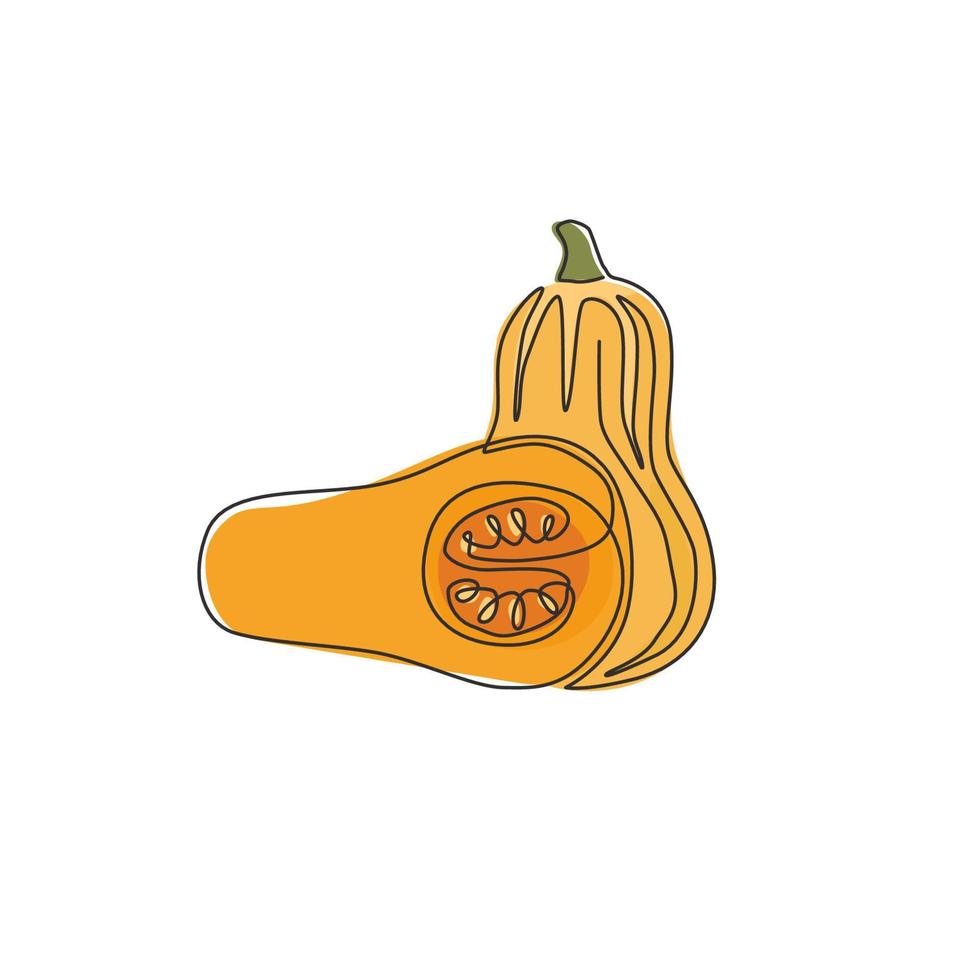 Single continuous line drawing of whole and sliced healthy organic butternut pumpkin for farm logo identity.Winter squash concept for vegetable icon. Modern one line draw design vector illustration