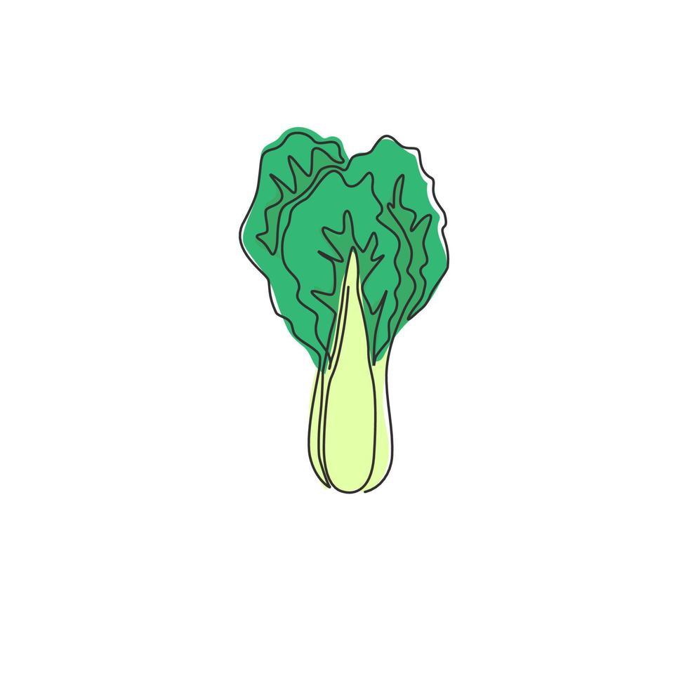 un dibujo de línea continua de hojas verdes mostaza orgánicas saludables enteras para la identidad del logotipo de la granja. concepto de col mostaza fresca para icono vegetal. Ilustración de vector de diseño de dibujo de línea única moderna