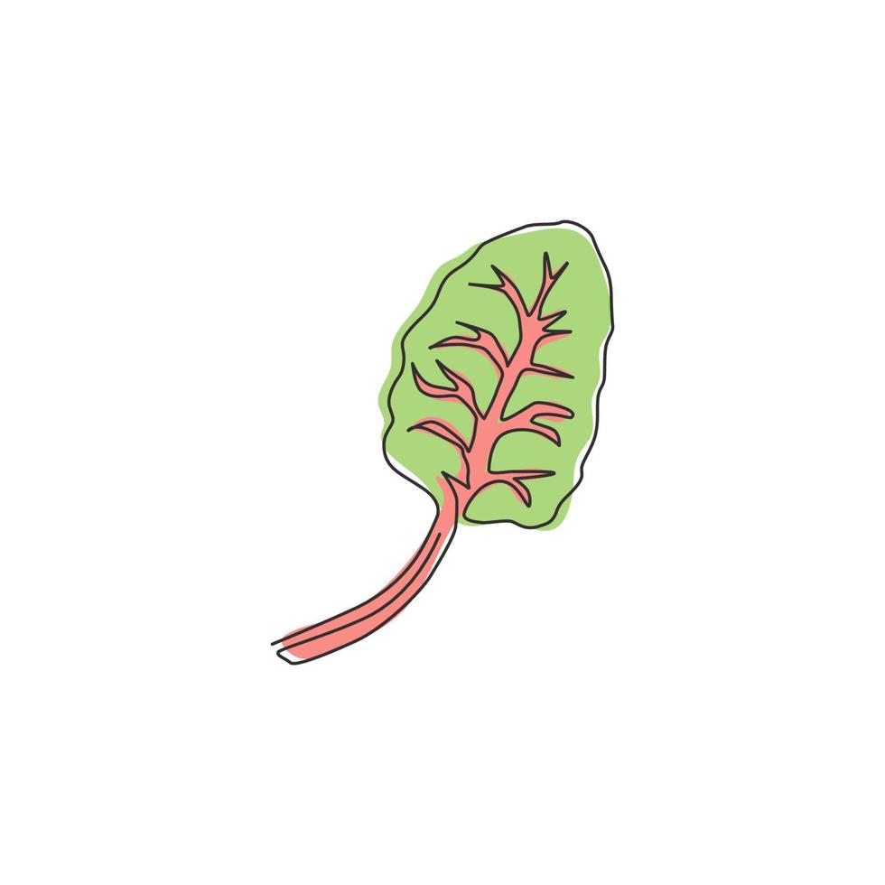 Single continuous line drawing of whole healthy organic swiss chard for farming logo identity. Fresh green leafy concept for vegetable icon. Modern one line draw design vector graphic illustration