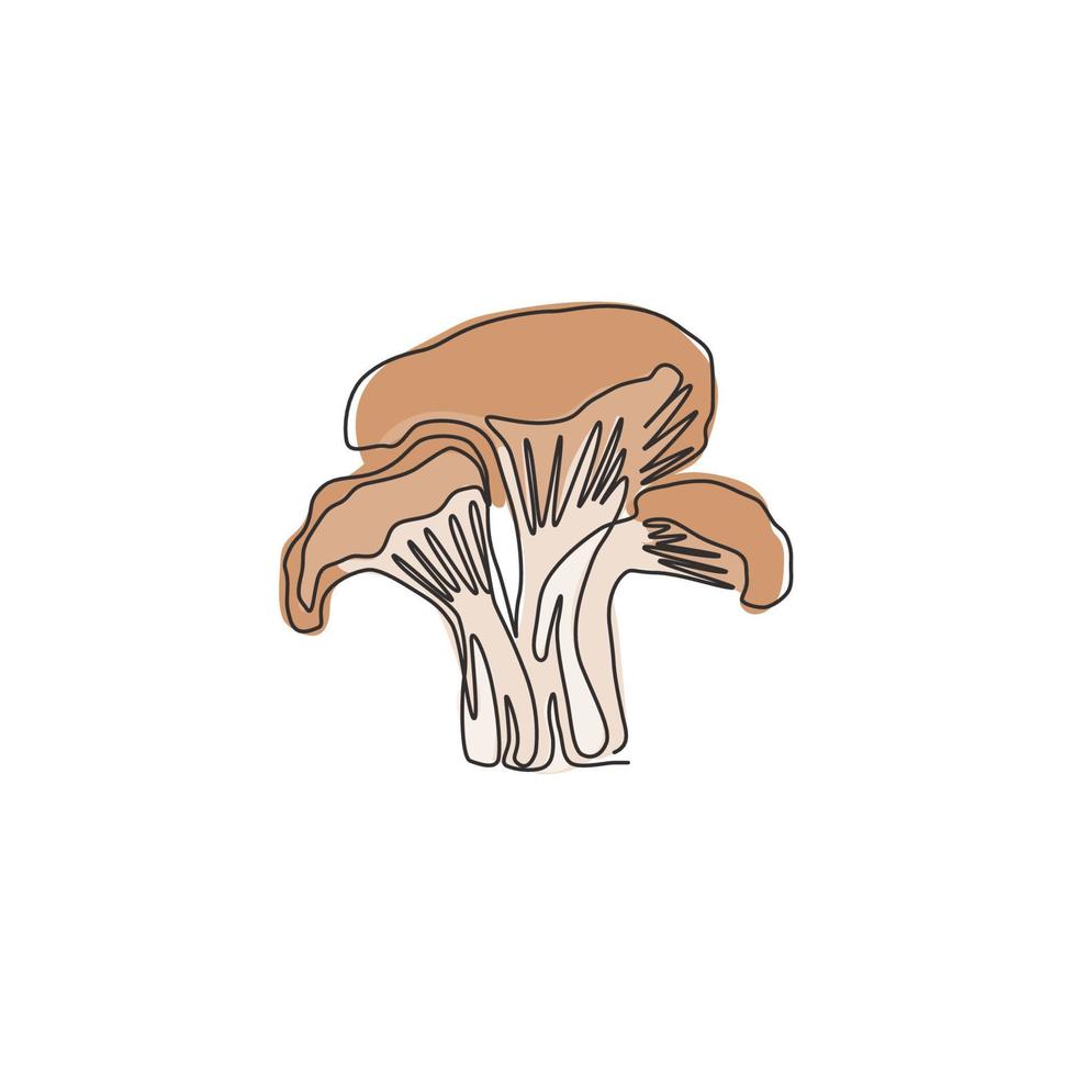 One continuous line drawing of whole healthy organic mushrooms for farm logo identity. Fresh toadstool concept for vegetable icon. Modern single graphic line draw design vector illustration