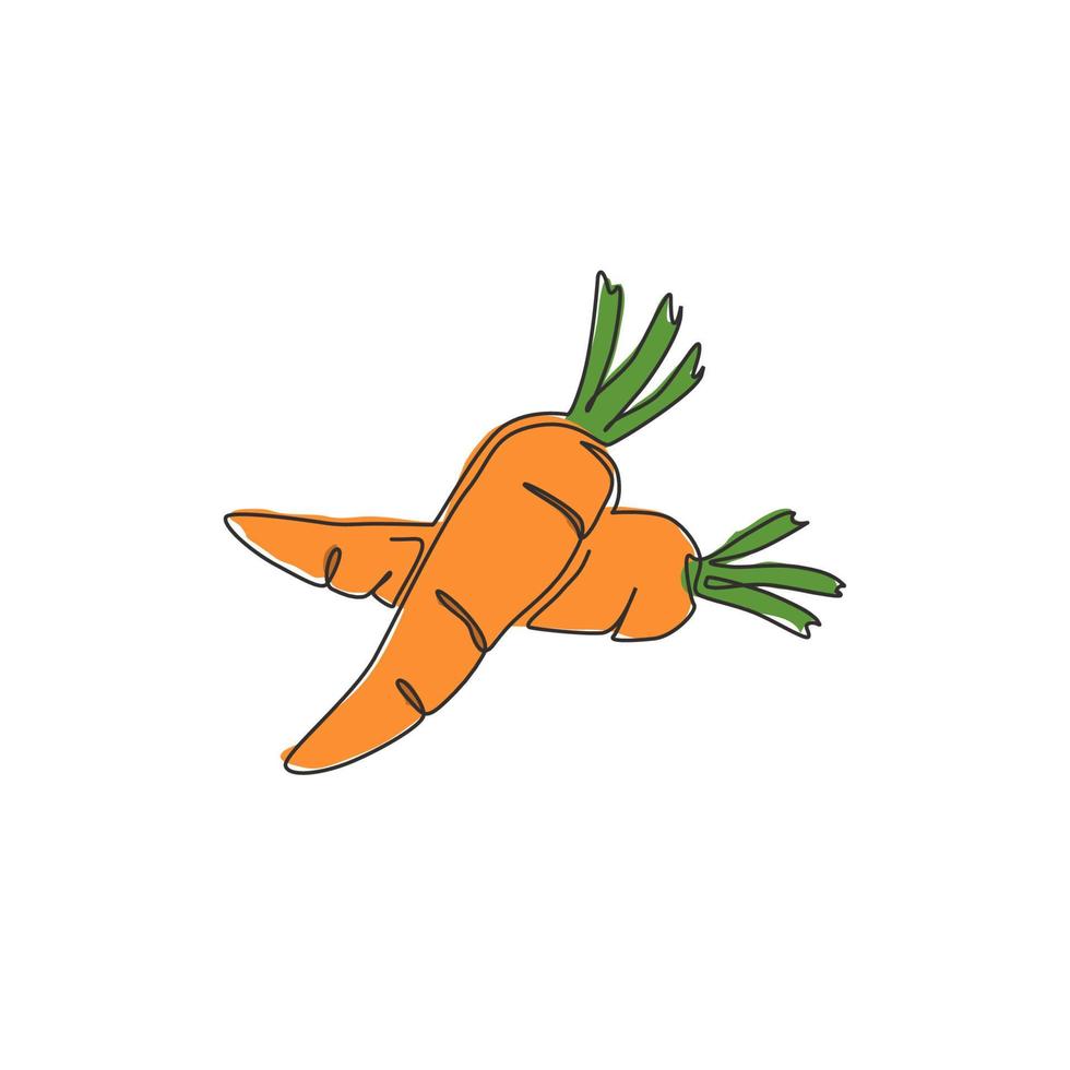 Single continuous line drawing whole healthy organic carrots heap for farm logo identity. Fresh biennial plant concept for root vegetable icon. Modern one line draw graphic design vector illustration