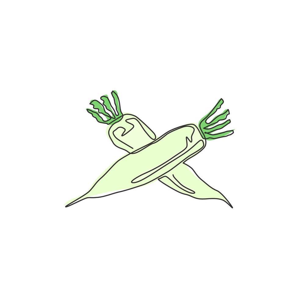 dibujo de línea continua única de rábano blanco orgánico sano entero para la identidad del logotipo de la granja. concepto de daikon japonés fresco para icono vegetal. Ilustración de vector gráfico de diseño de dibujo de una línea moderna