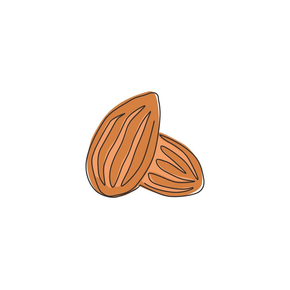Single continuous line drawing of whole healthy organic almonds group for orchard logo identity. Fresh edible seed concept for fruit icon. Modern one line draw design vector graphic illustration