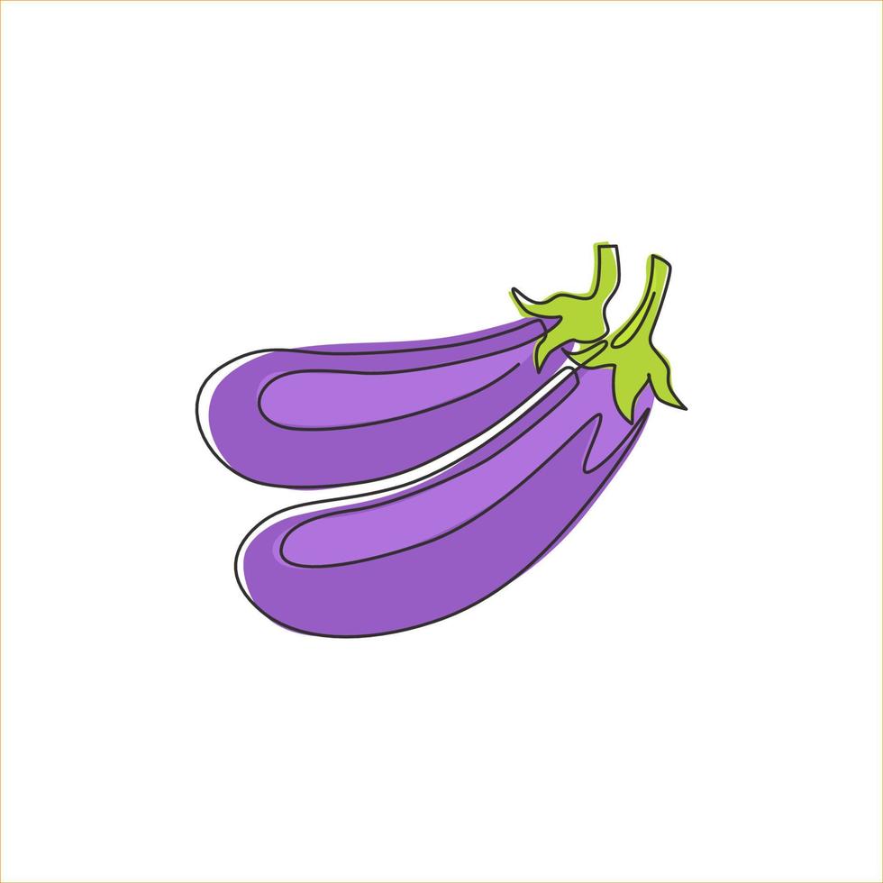 One single line drawing whole healthy organic eggplant for farm logo identity. Fresh tropical perennial plant concept for vegetable icon. Modern continuous line draw design graphic vector illustration