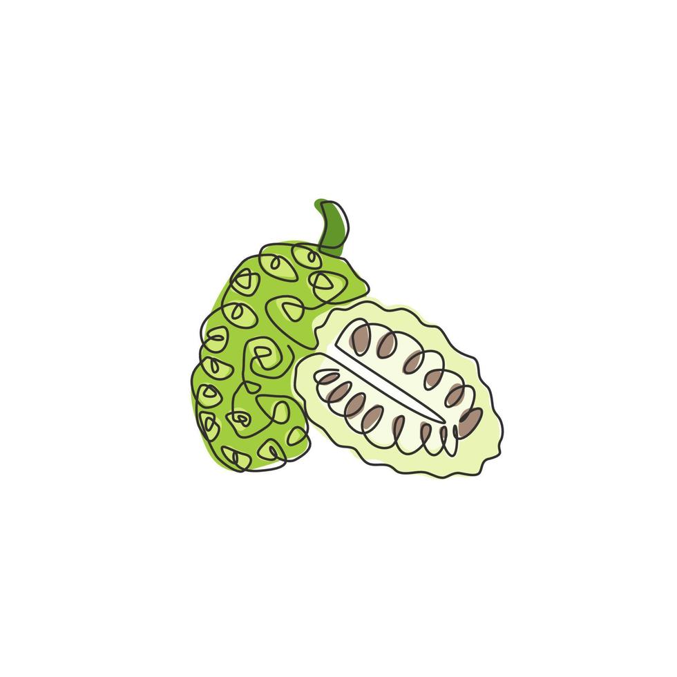 un dibujo de línea continua de noni orgánico saludable entero y medio rebanado para la identidad del logotipo. concepto fresco de Morinda citrifolia para el icono del jardín de frutas. Ilustración de vector de diseño de dibujo de línea única moderna