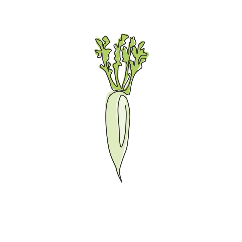 un dibujo de una sola línea de rábano blanco orgánico sano y completo para la identidad del logotipo de la granja. concepto de daikon japonés fresco para icono vegetal. Ilustración gráfica de vector de diseño de dibujo de línea continua moderna