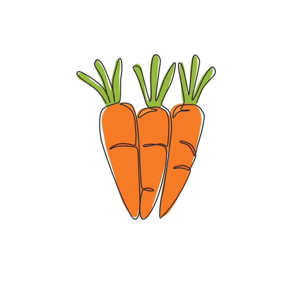 una sola línea dibujando una pila de zanahorias orgánicas saludables enteras para la identidad del logotipo de la granja. concepto de planta bienal fresca para el icono de hortalizas de raíz. Ilustración de vector gráfico de diseño de dibujo de línea continua moderna