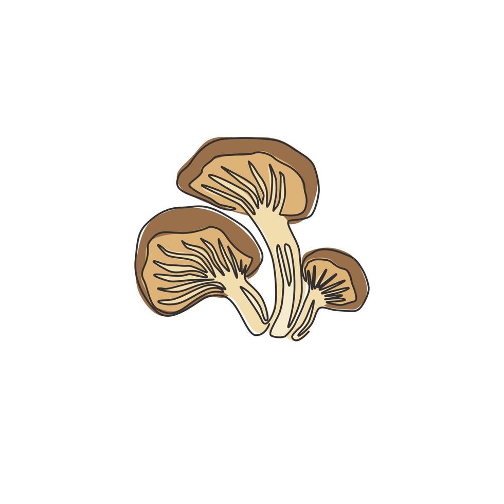 Single continuous line drawing of whole healthy organic mushrooms for farm logo identity. Fresh toadstool concept for vegetable icon. Modern one line graphic draw design vector illustration