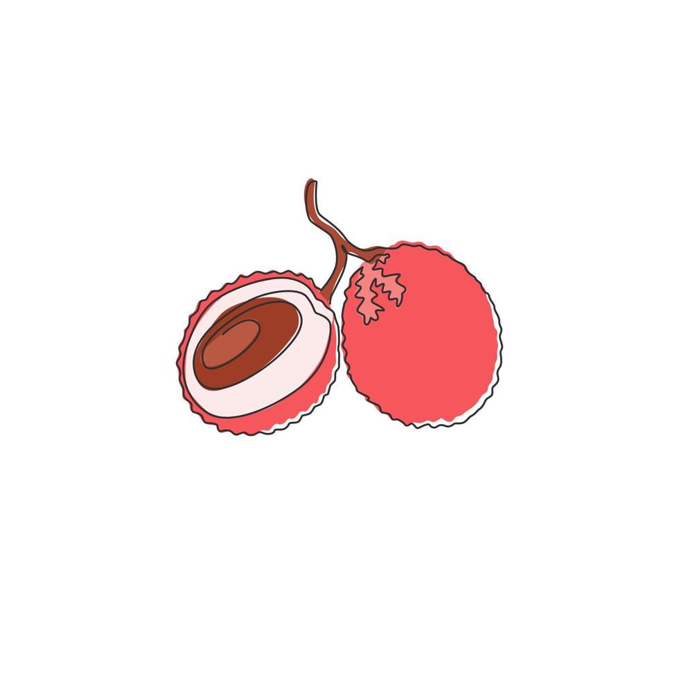 One continuous line drawing of whole group healthy organic lychee for orchard logo identity. Fresh tropical fruitage concept for fruit garden icon. Modern single line draw design vector illustration