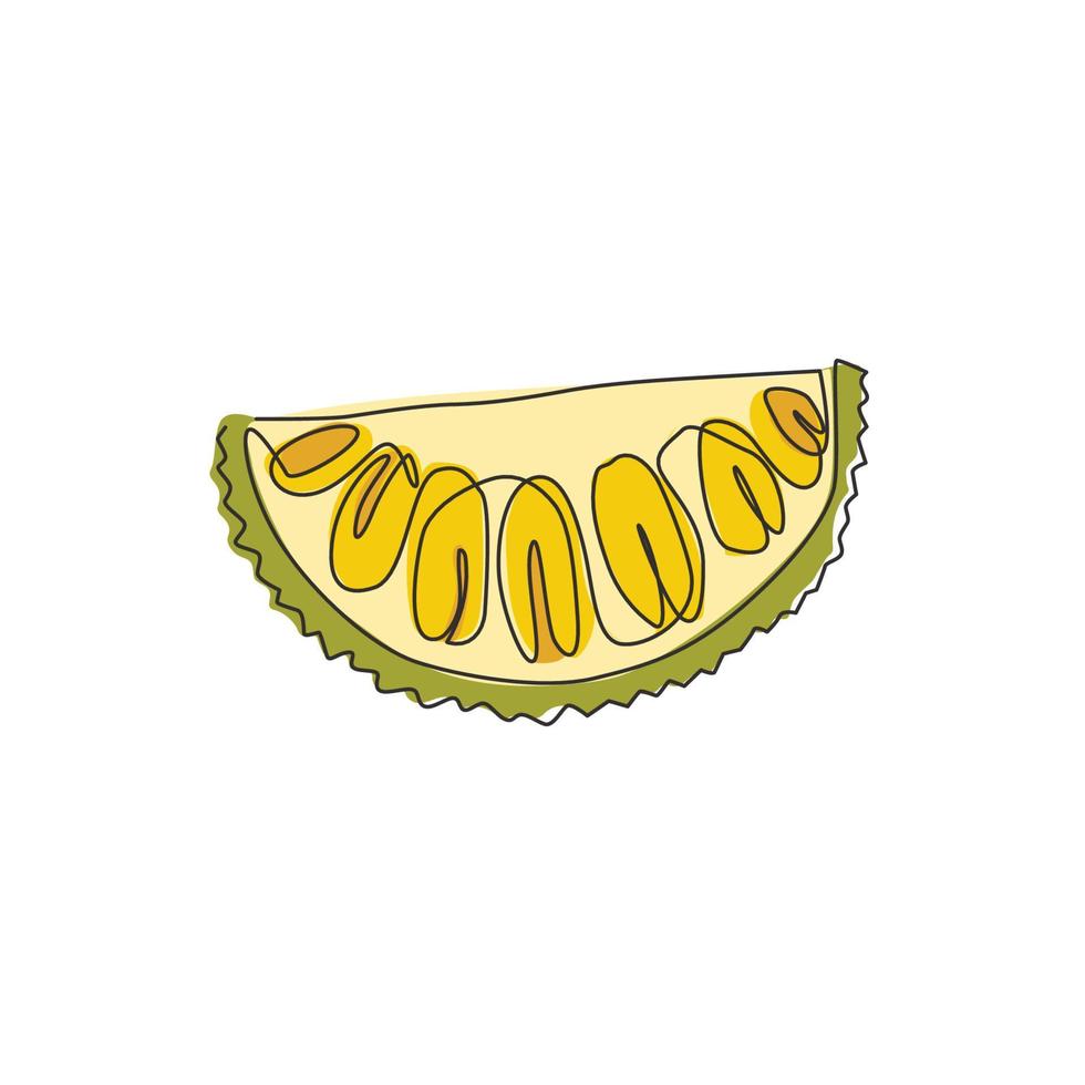 Single continuous line drawing sliced healthy organic jackfruit for orchard logo identity. Fresh tropical fruit concept for fruit garden icon. Modern one line draw design graphic vector illustration