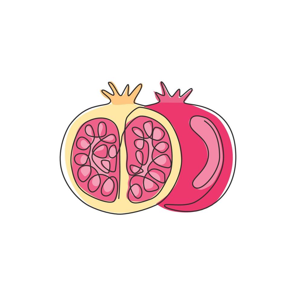 One continuous line drawing of whole and half sliced healthy organic pomegranate for orchard logo identity. Fresh seed concept for fruit garden icon. Modern single line draw design vector illustration