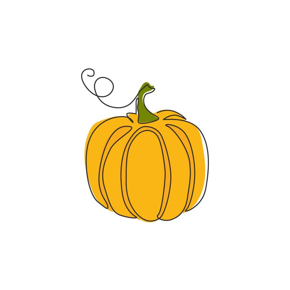 Single continuous line drawing of whole big round healthy organic pumpkin for orchard logo identity. Fresh fall fruitage concept for fruit garden icon. Modern one line draw design vector illustration