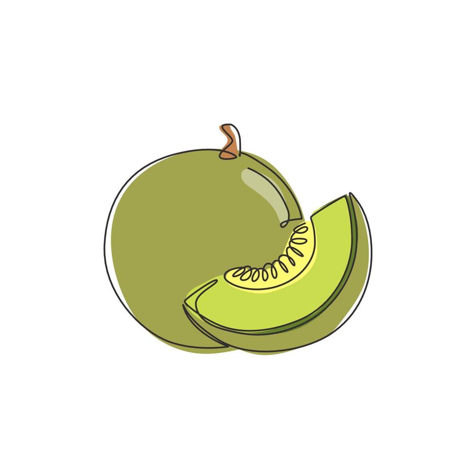 una sola línea dibujando melón orgánico sano entero y cortado en rodajas para la identidad del logotipo del huerto. concepto de fruitage fresco para el icono de jardín de frutas. Ilustración gráfica de vector de diseño de dibujo de línea continua moderna