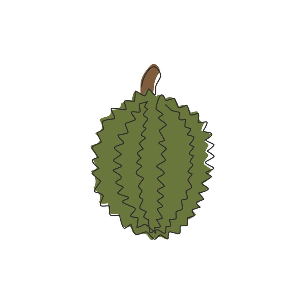 un dibujo de línea continua durian orgánico sano completo para la identidad del logotipo de huerto. concepto de fruitage tailandés exótico fresco para el icono de jardín de frutas. Ilustración de vector gráfico de diseño de dibujo de una sola línea moderna
