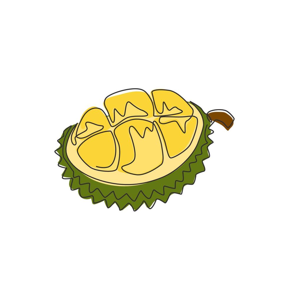 Single continuous line drawing half sliced healthy organic durian for orchard logo identity. Fresh spiky fruitage concept for fruit garden icon. Modern one line draw design vector graphic illustration