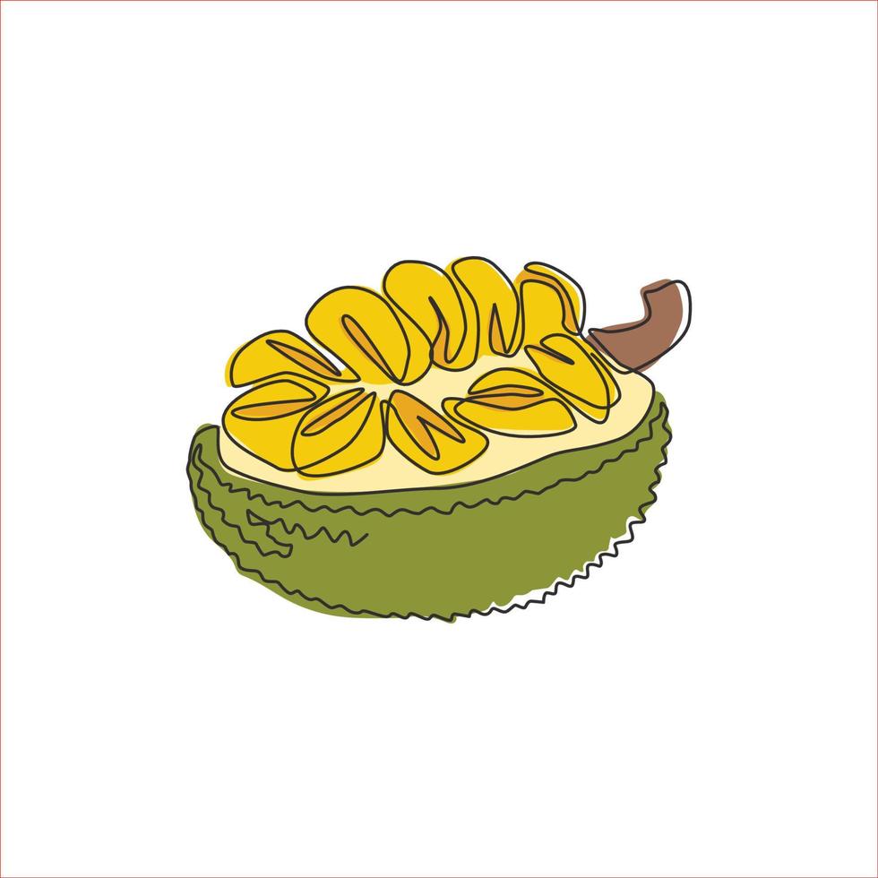 One single line drawing of half slice healthy organic jackfruit for orchard logo identity. Fresh tropical fruitage concept for fruit garden icon. Modern continuous line draw design vector illustration