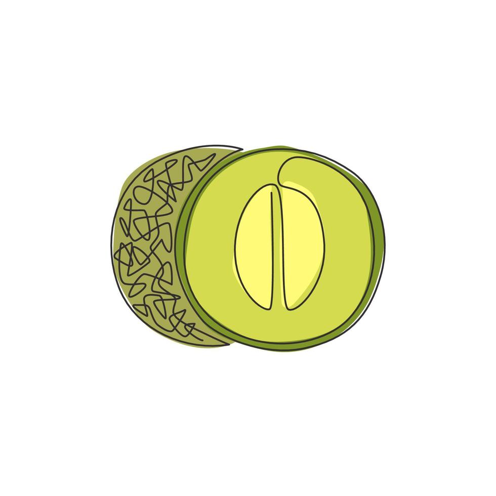 Single continuous line drawing of whole and half sliced healthy organic melon for orchard logo identity. Fresh fruitage concept for fruit garden icon. Modern one line draw design vector illustration